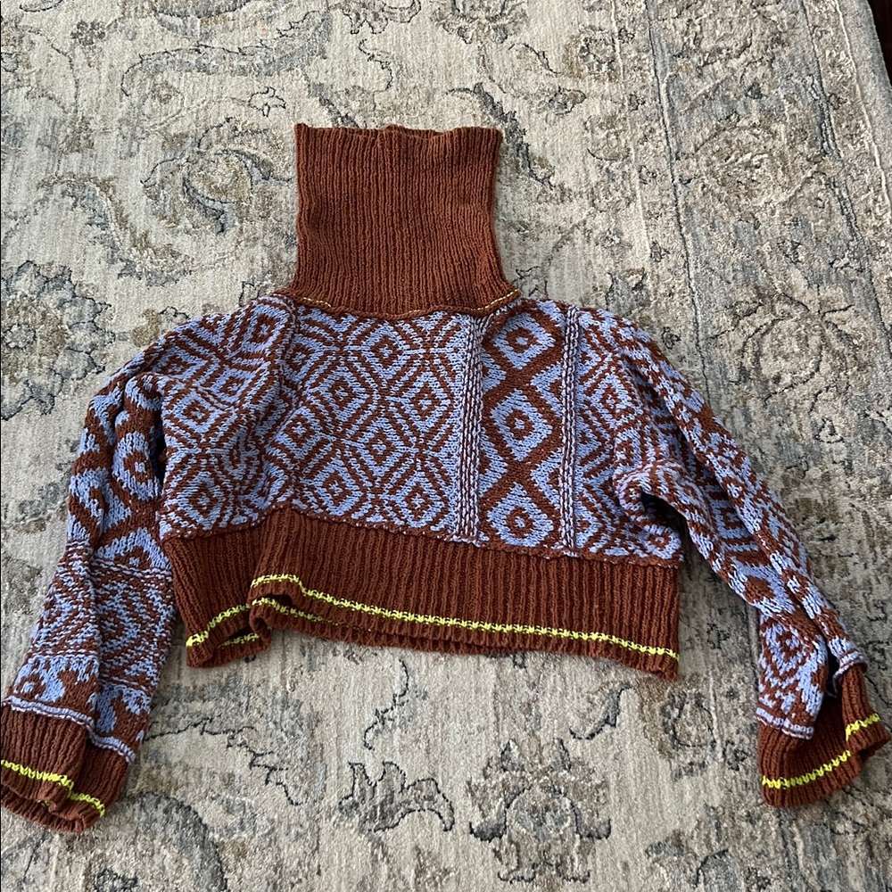 Free People size small Geometric Patterned Brown and Blue Sweater - Picture 3 of 4